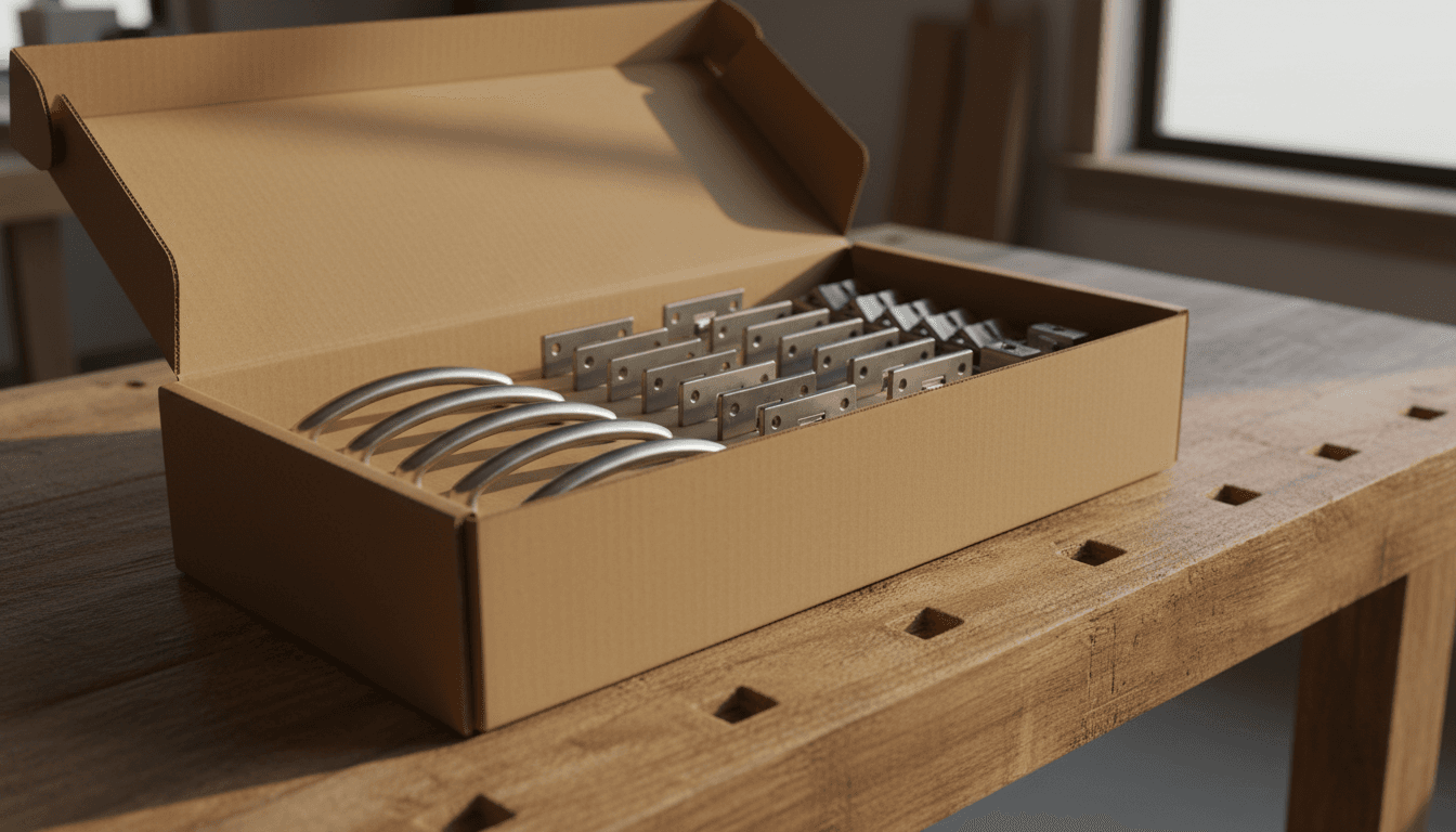 Open cardboard box filled with handles, hinges, and drawer slides on a wooden workbench