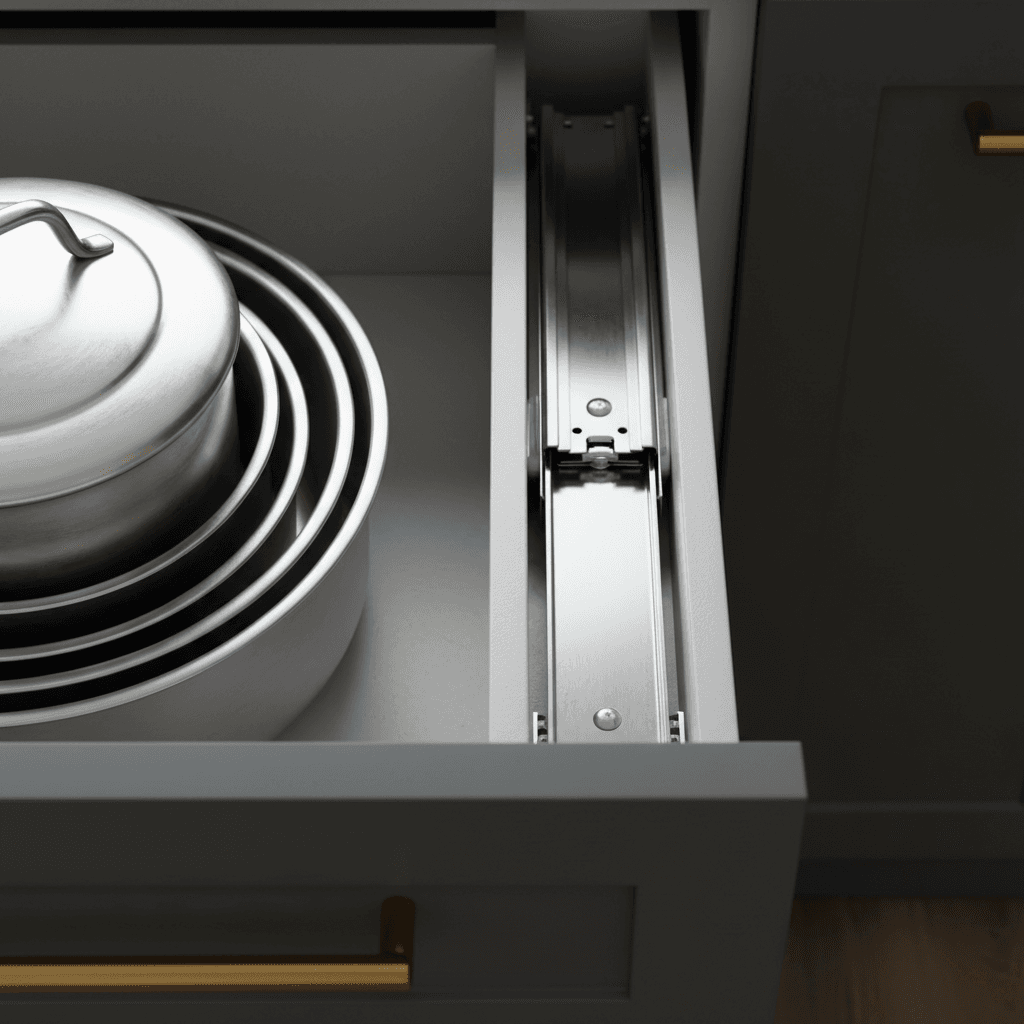 Full-extension drawer slide with pots inside a kitchen drawer