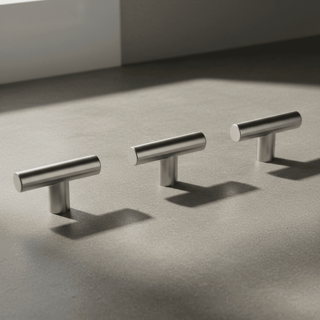 Brushed nickel cabinet handles on a stone countertop