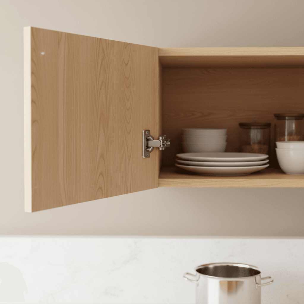 Soft-close cabinet hinge on a maple wood door