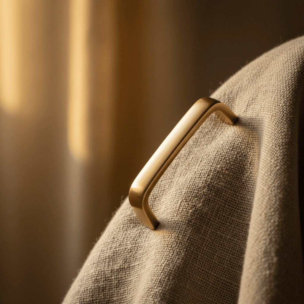 Close-up of a brass cabinet handle resting on linen cloth, showing metallic texture and warm daylight reflection