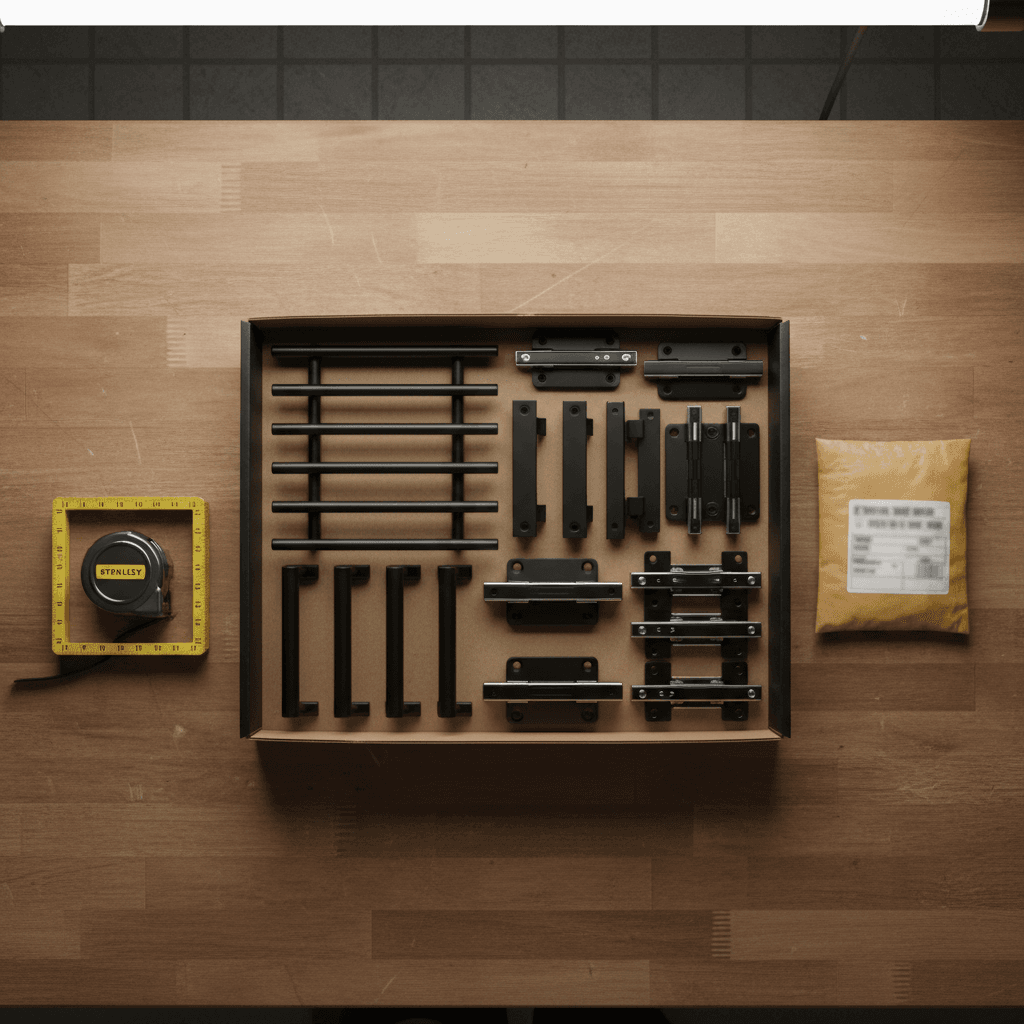 Open box containing matching matte black handles, hinges, and drawer slides