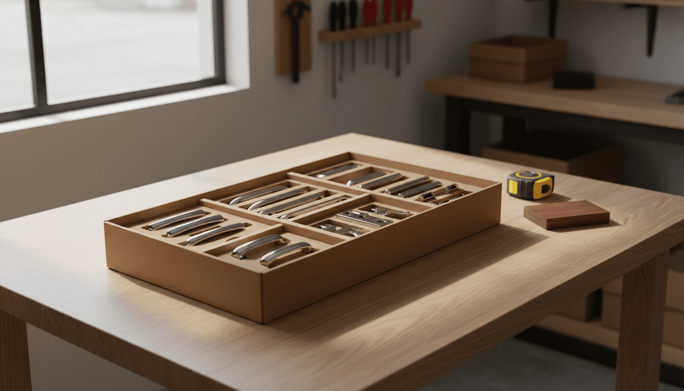 Open cardboard box on wooden table containing organized kitchen handles, hinges, and drawer slides in Bridgetown workshop