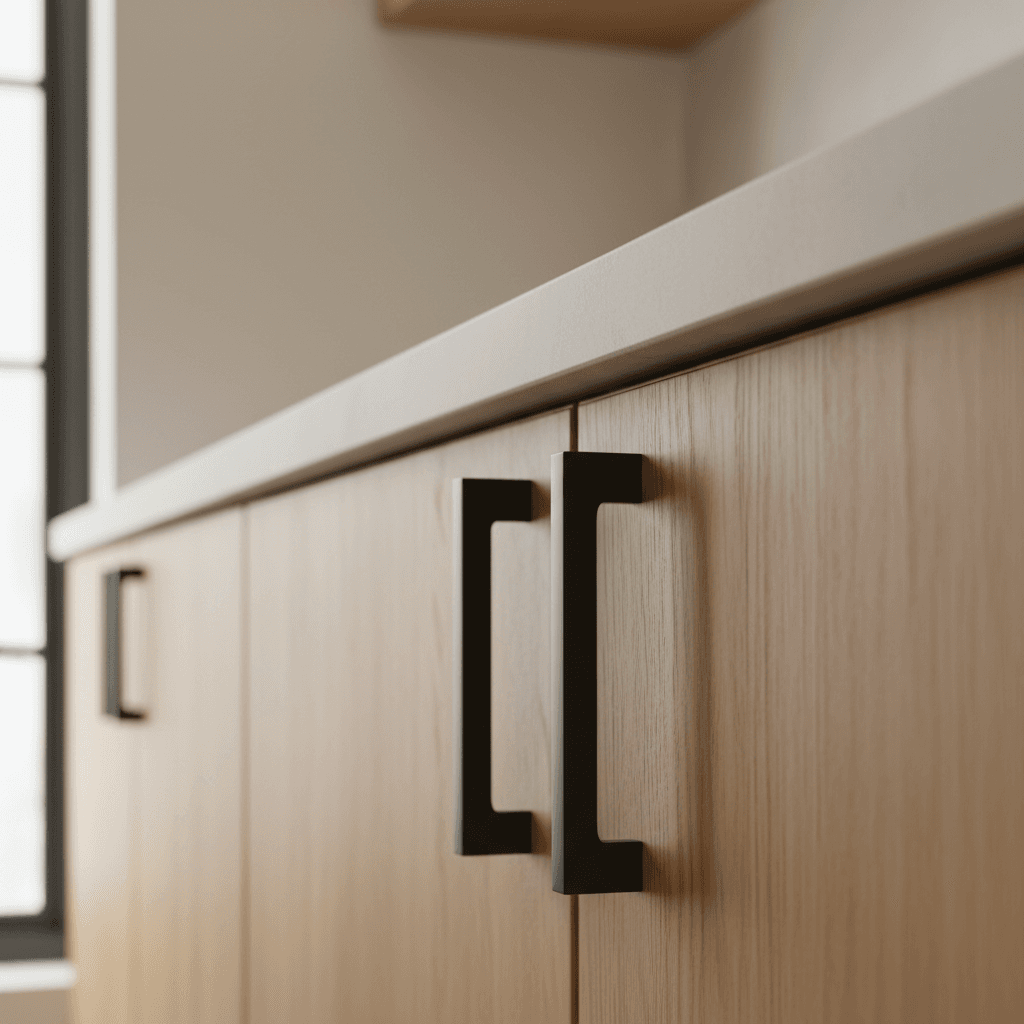 Brass handles, hinges, and drawer slides laid out on a workbench