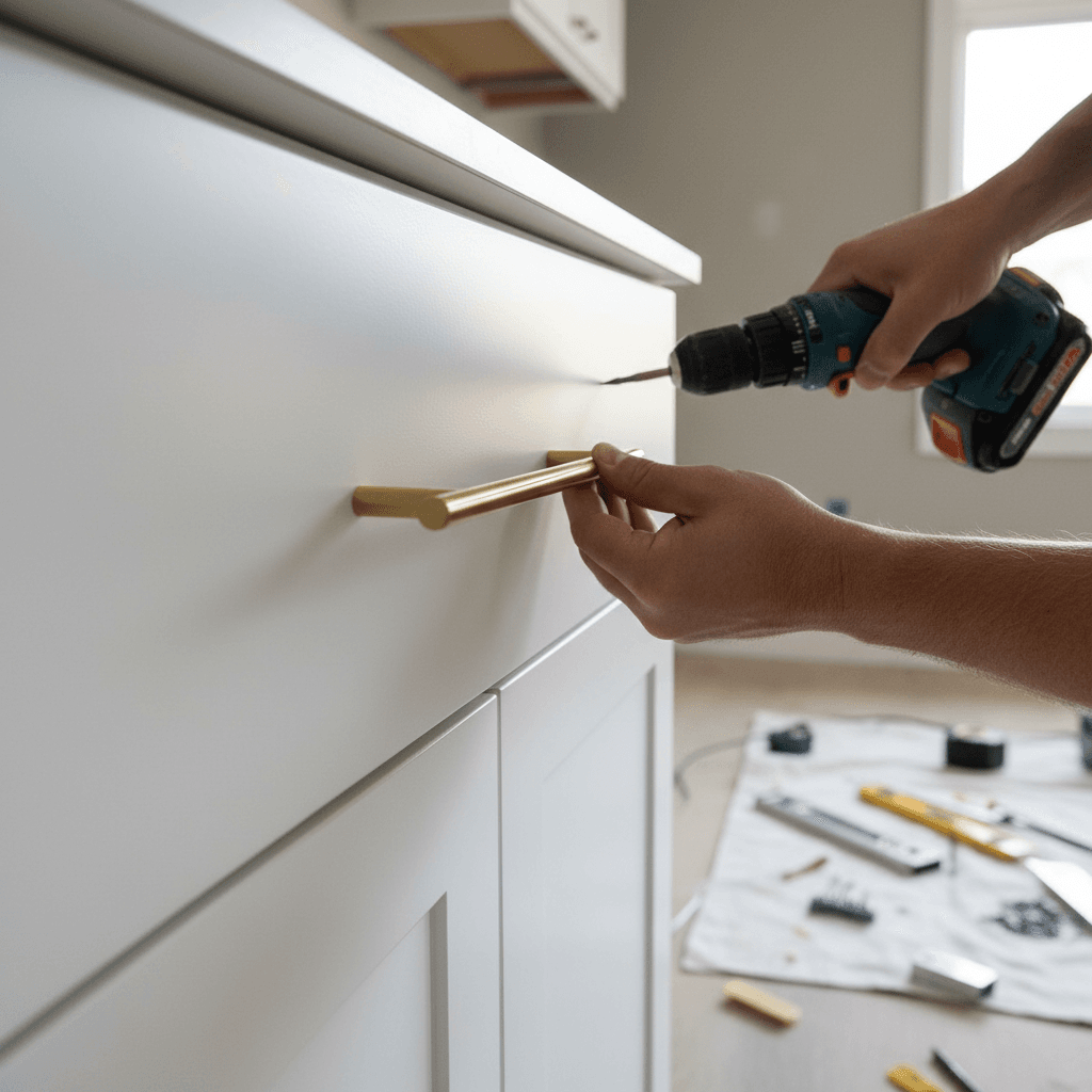 Hand installing a handle on a kitchen cabinet door during renovation