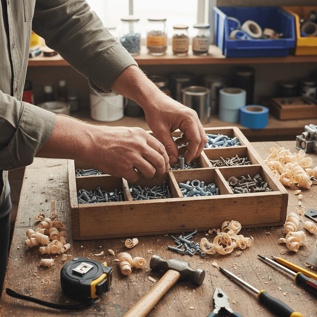 Open box with kitchen handles, hinges, and drawer slides on a workbench