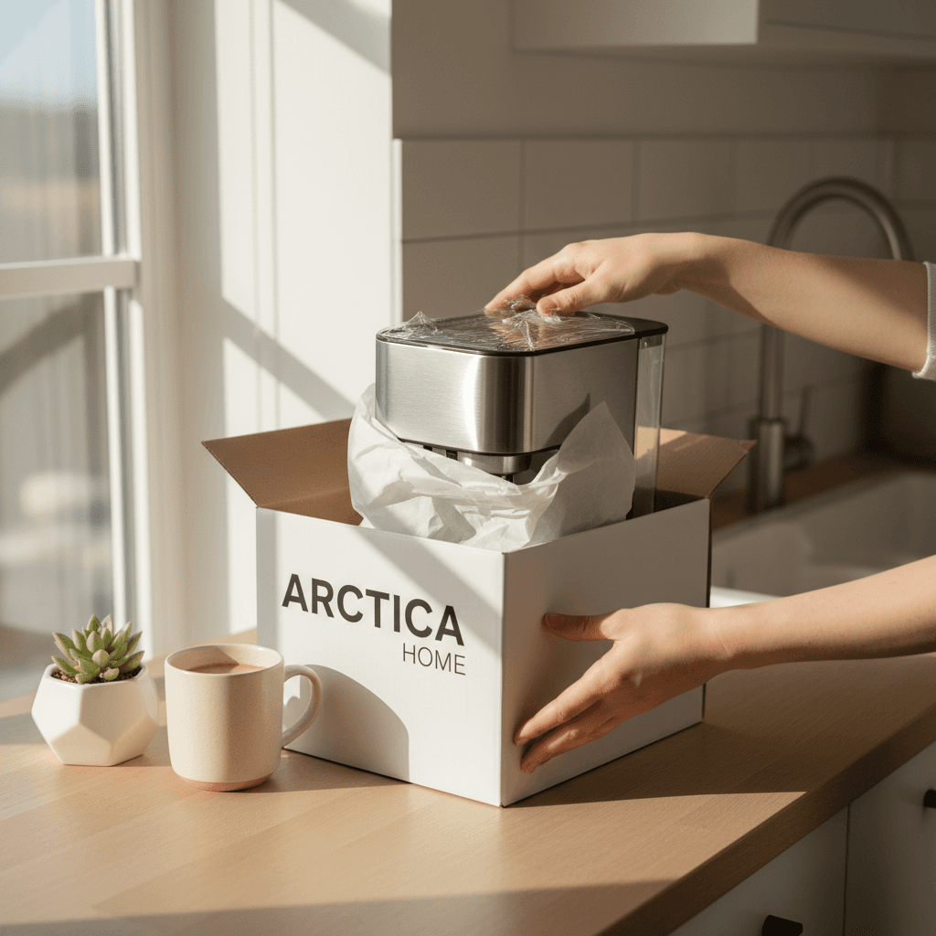 Opened cardboard box showing organized kitchen hardware package
