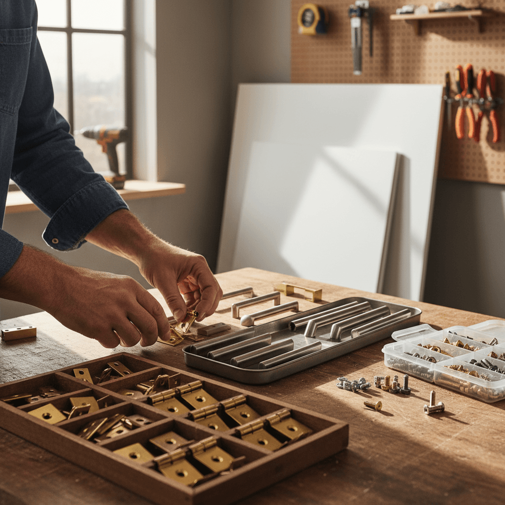 Assortment of kitchen handles, hinges, and drawer slides laid out on a workbench