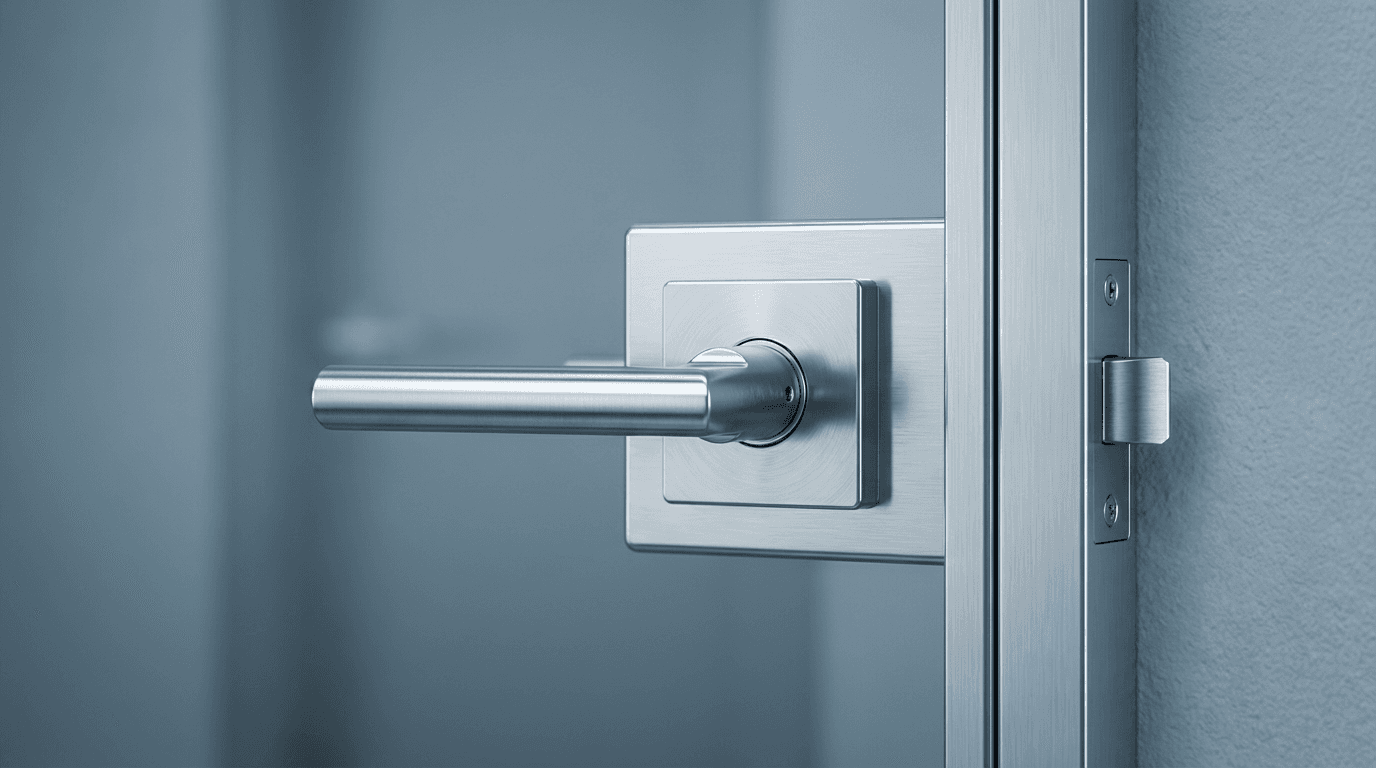 A brushed nickel cabinet handle held in an open palm with blurred kitchen cabinetry in the background