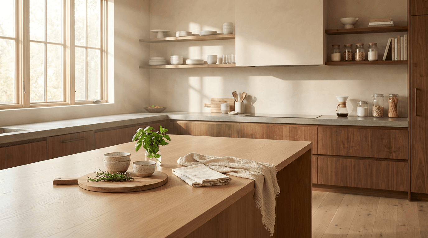 Selection of kitchen handles and a hinge on a wooden worktable in natural light